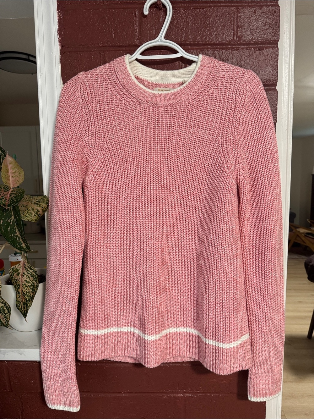 Barbour Tynemouth Knit Pink and White Crewneck Sweater 100% Cotton Size 6